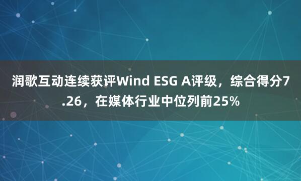 润歌互动连续获评Wind ESG A评级，综合得分7.26，在媒体行业中位列前25%