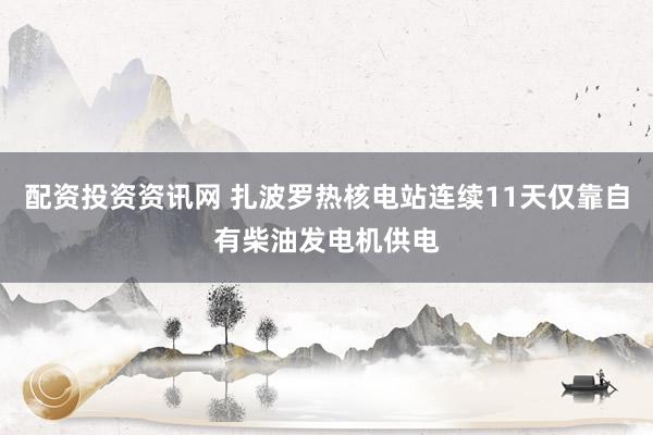 配资投资资讯网 扎波罗热核电站连续11天仅靠自有柴油发电机供电